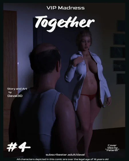 Hombre calvo mira a mujer rubia con bata blanca abierta, pechos expuestos y tanga roja en Together Parte 4 de Daval3d.