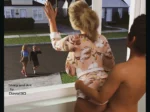 Mujer rubia en bata abrazada por hombre desnudo desde atrás mientras miran a una pareja por la ventana en Together 3.