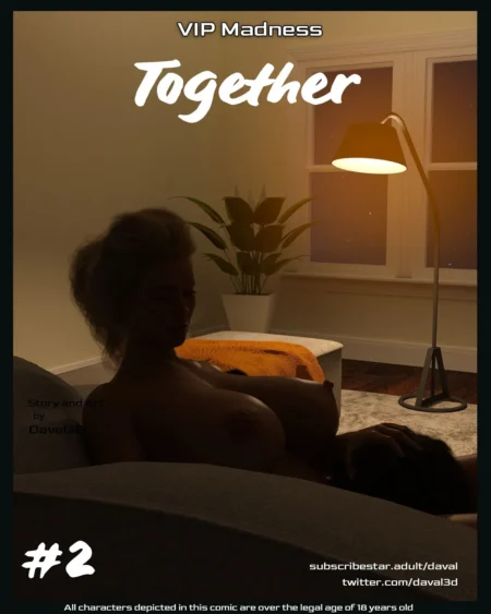 Mujer rubia desnuda recostada en cama mostrando sus pechos mientras acaricia a alguien en una habitación iluminada.