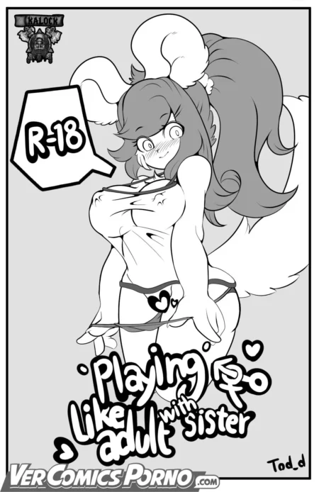 Dibujo erótico de anthro coneja con pechos grandes y lencería sexy, título Playing like adult with sister de Tod_d.