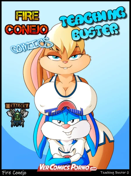 Coneja antropomórfica con pechos enormes en top blanco y Buster Bunny con expresión pícara en portada de cómic erótico.