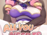 Ilustración NSFW de Seraphine con pechos gigantes y ropa ajustada sentada sobre alguien en portada de doujinshi.