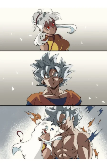Gohan Beast y Goku Ultra Instinto se besan apasionadamente mientras lucen sus cuerpos musculosos y desnudos.