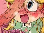 Personaje rubio de Forces of Dream con rostro sonrojado y lengua fuera recibiendo un pene erecto en la cara.