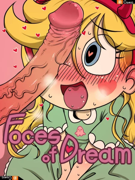 Personaje rubio de Forces of Dream con rostro sonrojado y lengua fuera recibiendo un pene erecto en la cara.