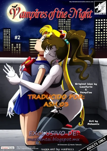 Sailor Moon y una vampiresa besándose apasionadamente mientras ella la abraza desnuda por detrás en una azotea nocturna.