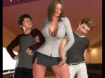 Mujer con blusa abierta y minifalda corta flanqueada por dos jóvenes en Mother's Sleepover.