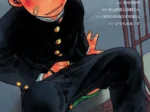 Joven ruborizado con uniforme escolar negro y curita en la mejilla sentado con las piernas abiertas y el pene erecto.