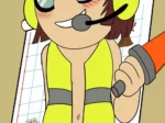 Personaje anime desnudo con chaleco amarillo y auriculares sosteniendo un extintor, texto Quenching The Volcano.