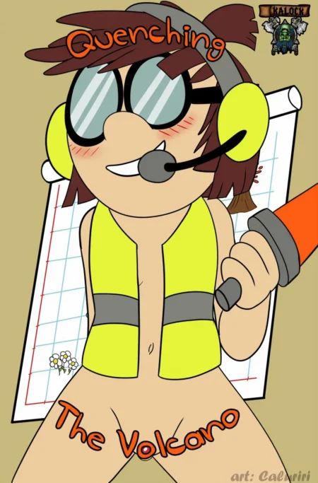 Personaje anime desnudo con chaleco amarillo y auriculares sosteniendo un extintor, texto Quenching The Volcano.