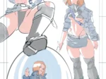 Android 18 con chaqueta corta, minifalda y botas, exhibiendo sus pechos semidesnudos en poses sugerentes y eróticas.