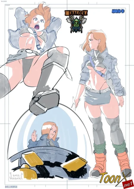 Android 18 con chaqueta corta, minifalda y botas, exhibiendo sus pechos semidesnudos en poses sugerentes y eróticas.