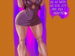 Mujer voluptuosa de cabello castaño con vestido corto morado ajustado que resalta sus pechos grandes y muslos gruesos.