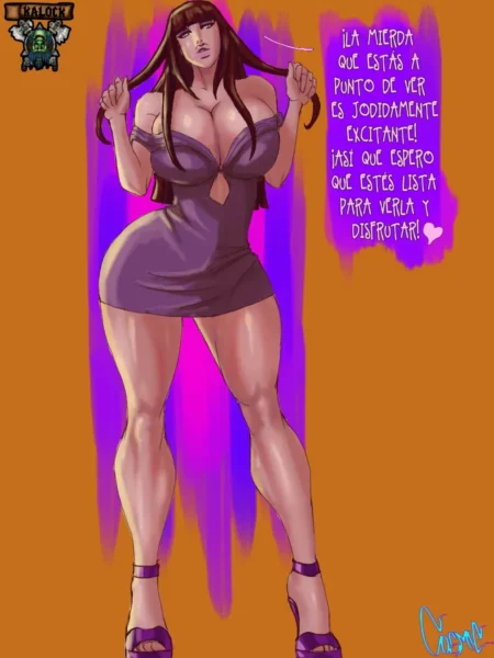 Mujer voluptuosa de cabello castaño con vestido corto morado ajustado que resalta sus pechos grandes y muslos gruesos.