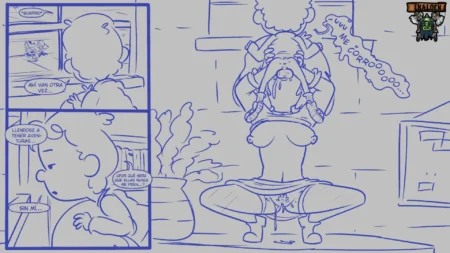 Dibujo erótico de David mirando a una mujer desnuda que se masturba con saliva chorreando y el clítoris expuesto.