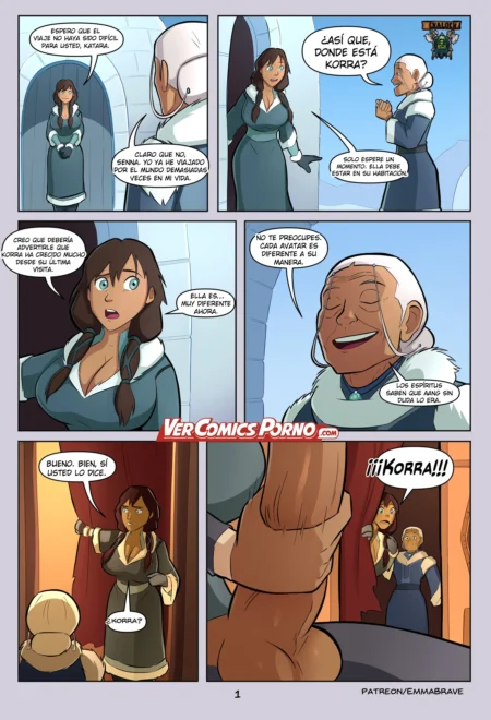 Cómic NSFW de Korra donde Senna y un anciano hablan antes de que Korra aparezca mostrando sus glúteos y muslos grandes.