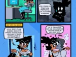 Cómic de Josie planeando un encuentro sexual y besando apasionadamente a un hombre gris mientras lo abraza por el cuello.