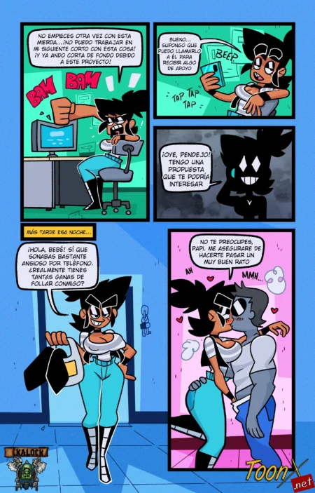 Cómic de Josie planeando un encuentro sexual y besando apasionadamente a un hombre gris mientras lo abraza por el cuello.