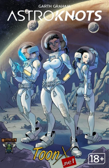 Tres astronautas con trajes blancos ajustados y escotados que resaltan sus pechos y glúteos en un paisaje lunar.