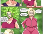 Androide 18 con traje rosa ajustado y pechos grandes desafía a Kefla en un cómic erótico de Dragon Ball.