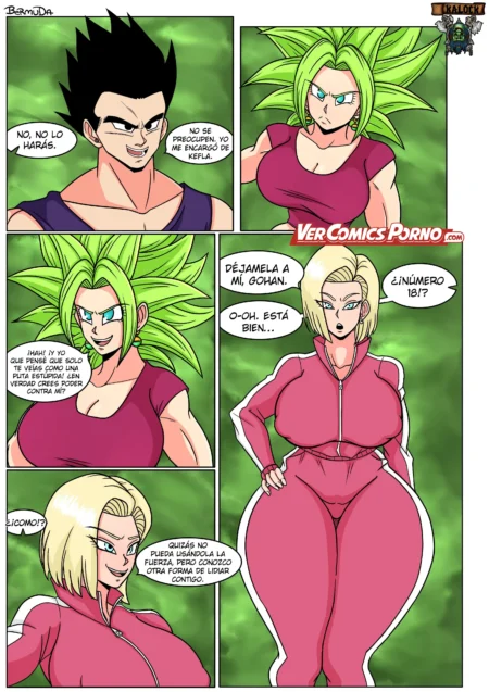 Androide 18 con traje rosa ajustado y pechos grandes desafía a Kefla en un cómic erótico de Dragon Ball.