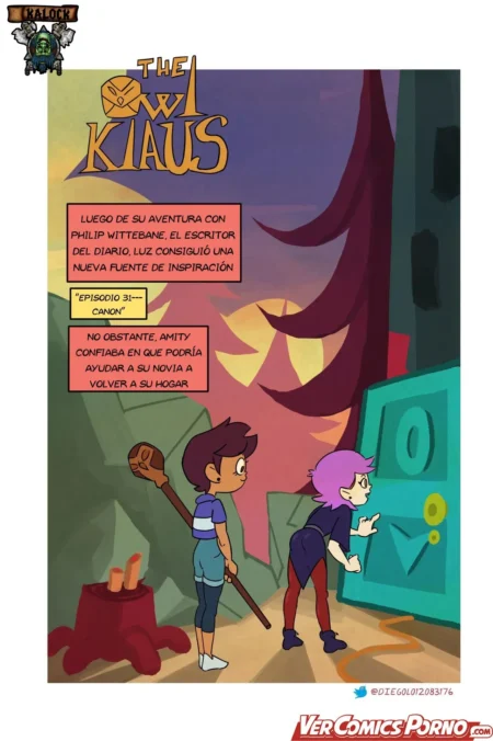 Luz y Amity frente a una puerta mágica en el cómic erótico The Owl Klaus previo a tener sexo explícito.
