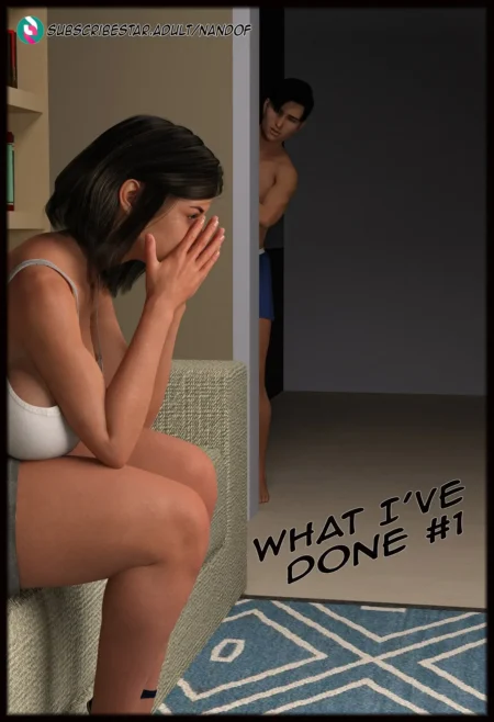 Mujer en ropa interior llorando mientras un hombre desnudo la observa desde la puerta en What I've Done Parte 1 de Nandof.