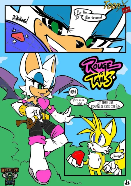 Cómic de Rouge the Bat y Tails disputando una Esmeralda del Caos con insinuaciones sexuales y lenguaje explícito.