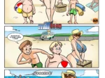 Mujer madura en bikini azul con pechos grandes y glúteos prominentes posando en la playa junto a jóvenes adolescentes.