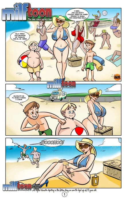 Mujer madura en bikini azul con pechos grandes y glúteos prominentes posando en la playa junto a jóvenes adolescentes.