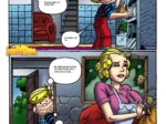 Cómic erótico de Dennis The Trickster acechando a una ama de casa rubia con escote mientras limpia la sala.