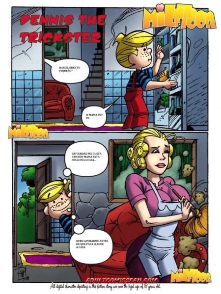 Cómic erótico de Dennis The Trickster acechando a una ama de casa rubia con escote mientras limpia la sala.