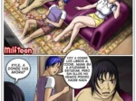 Hombre gordo y mujer rubia en sofá mientras joven hijo pide ayuda con tareas en cómic erótico de Milftoon.