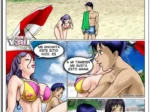 Madre con bikini amarillo y pechos grandes junto a su hijo desnudo en una playa frente a una cabaña.