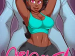 Mujer morena con top corto turquesa y shorts negros posando frente a un golem azul gigante en Girl and the Golem.