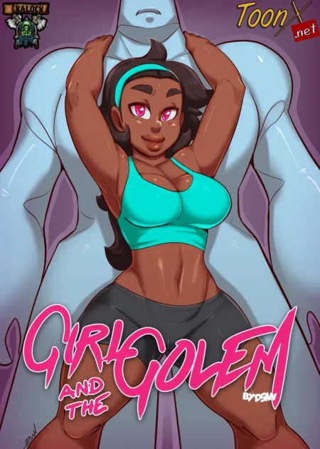 Mujer morena con top corto turquesa y shorts negros posando frente a un golem azul gigante en Girl and the Golem.