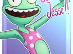 Personaje verde Summer Jesse con traje de baño rosa de lunares que resalta sus curvas y glúteos.
