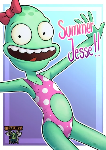 Personaje verde Summer Jesse con traje de baño rosa de lunares que resalta sus curvas y glúteos.