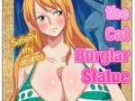 Nami de One Piece con bikini verde y pechos enormes y erectos frente a una estatua erótica de sí misma.