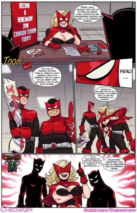 Villana rubia con pechos grandes y traje rojo ajustado recluta secuaces en un cómic erótico de Chickpea.