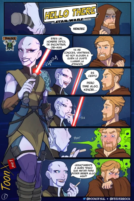 Cómic de Ventress y Obi-Wan con diálogos sugerentes y tensión sexual mientras ella fuma y sostiene su sable láser rojo.