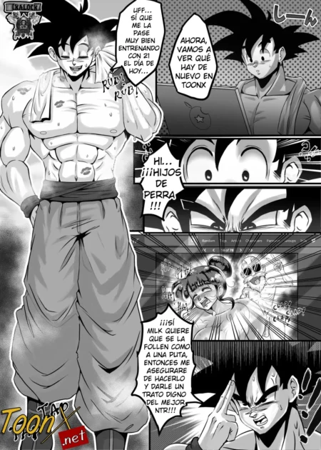 Goku musculoso lee un hentai NTR de Chichi siendo follada mientras se excita y piensa en darle un trato digno.
