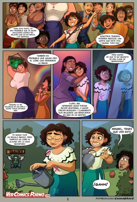 Cómic erótico de Encanto por Emmabrave con Mirabel Madrigal hablando de sus poderes antes de escenas sexuales explícitas.
