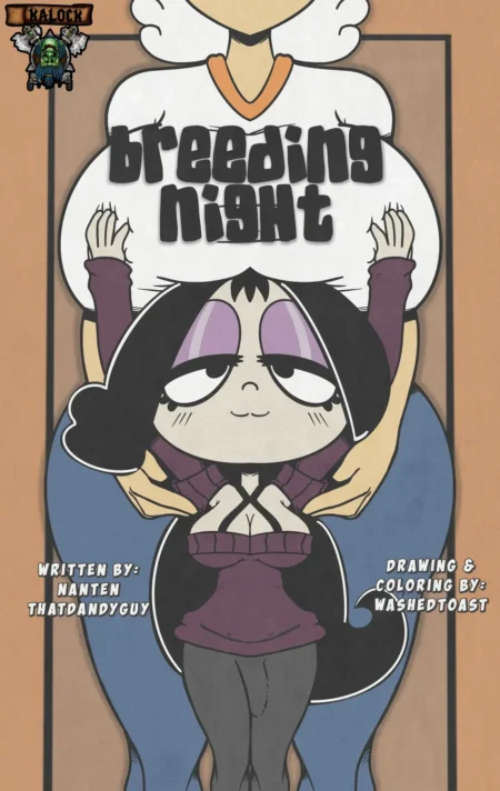 Portada de Breeding Night con chica chibi de pechos grandes y caderas anchas siendo abrazada por una mujer hiperdotada.