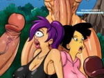 Mujeres amazonas futanari con penes gigantes y pechos grandes en un entorno selvático, estilo dibujo animado erótico.