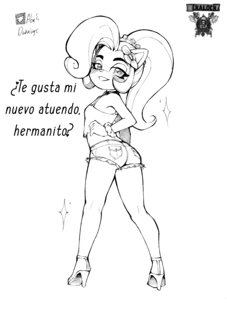 Dibujo erótico de personaje femenina con shorts cortos y tacones posando provocativamente resaltando sus glúteos.