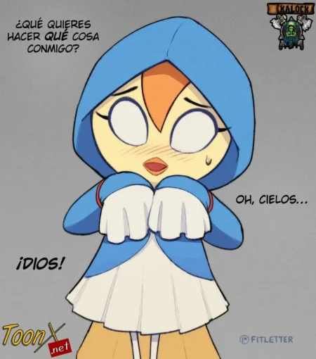 Ririn de Fitletter con capucha azul, sonrojada y excitada, cubriendo sus pechos mientras pregunta qué quieres hacerle.