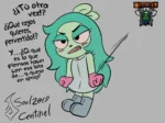 Fink con vestido blanco y expresión molesta cuestionando el uso sexual de una lata de queso en spray.