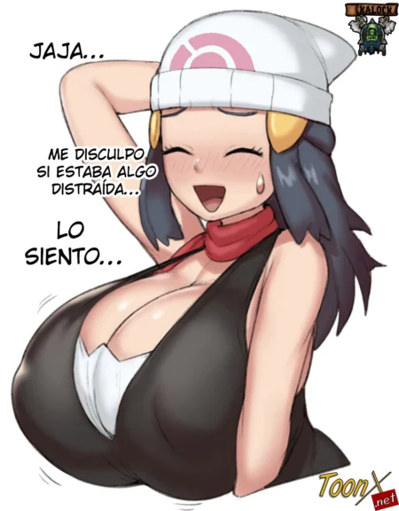 Mujer anime con gorro blanco y vestido negro ajustado que resalta sus pechos gigantes y escotados mientras sonríe.