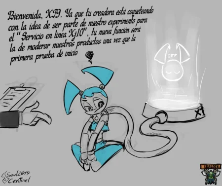 Robot XJ19 sentada y sumisa junto a un dispositivo XJ10 mientras espera órdenes para su nueva función sexual.